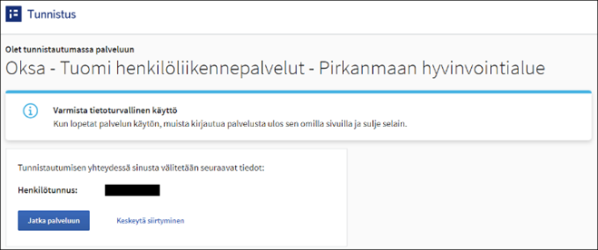 Suomi.fi-tunnistautumisprosessin näkymä, jossa käyttäjä tarkastaa välitettävät tiedot ja jatkaa eteenpäin palveluun.