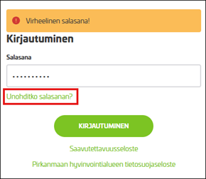 Oksan kirjautumisnäkymä, kun käyttäjä on yrittänyt kirjautua virheellisellä salasanalla järjestelmään. Järjestelmä ilmoittaa, että salasana on virheellinen. Unohditko salasanan?-linkki myös näkymässä.